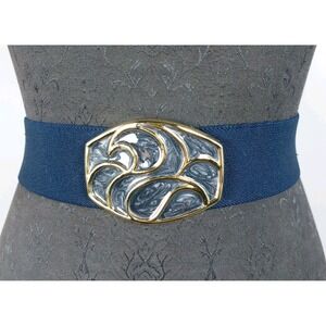 Vtg 80s Nan Lewis Stretch Belt Size M‎ Black Oval Gray Enamel Gold Buckle 2"x25"